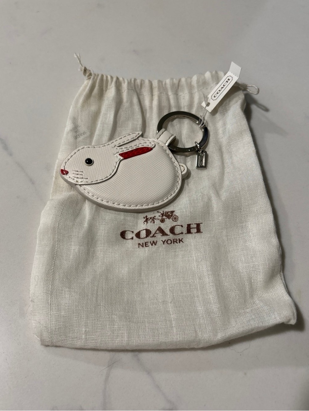 NWT Coach Leather Bunny Rabbit Bag Charm Keychain White F62503 - With Pouch